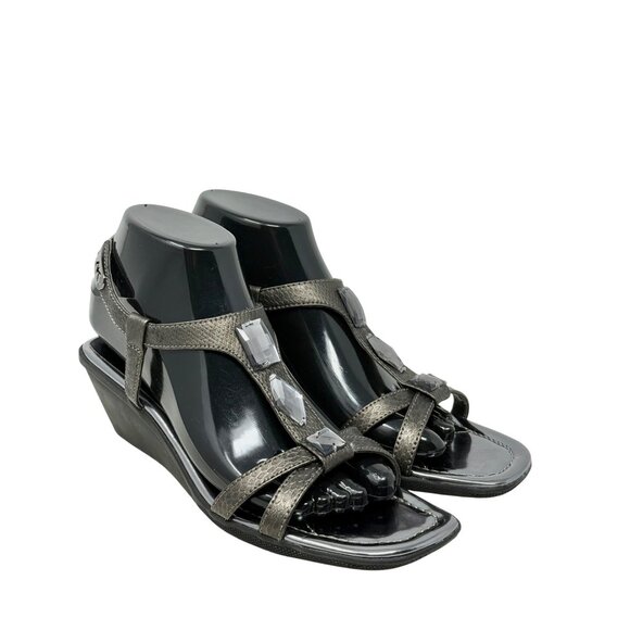 Anne Klein Makala Pewter Gray Wedge Sandals 7M Jewel Accents Ankle Strap - READ - Picture 1 of 15